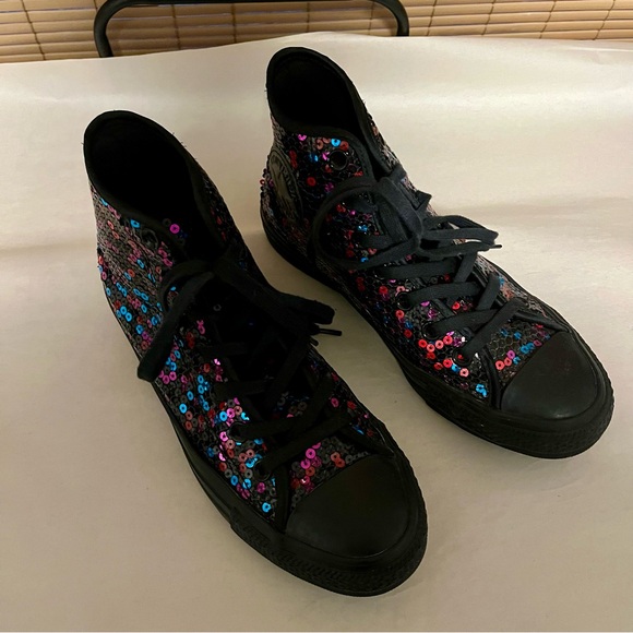 Converse CTAS Black Blue Cherry Red Sequin High-Top Sneakers - Picture 3 of 10